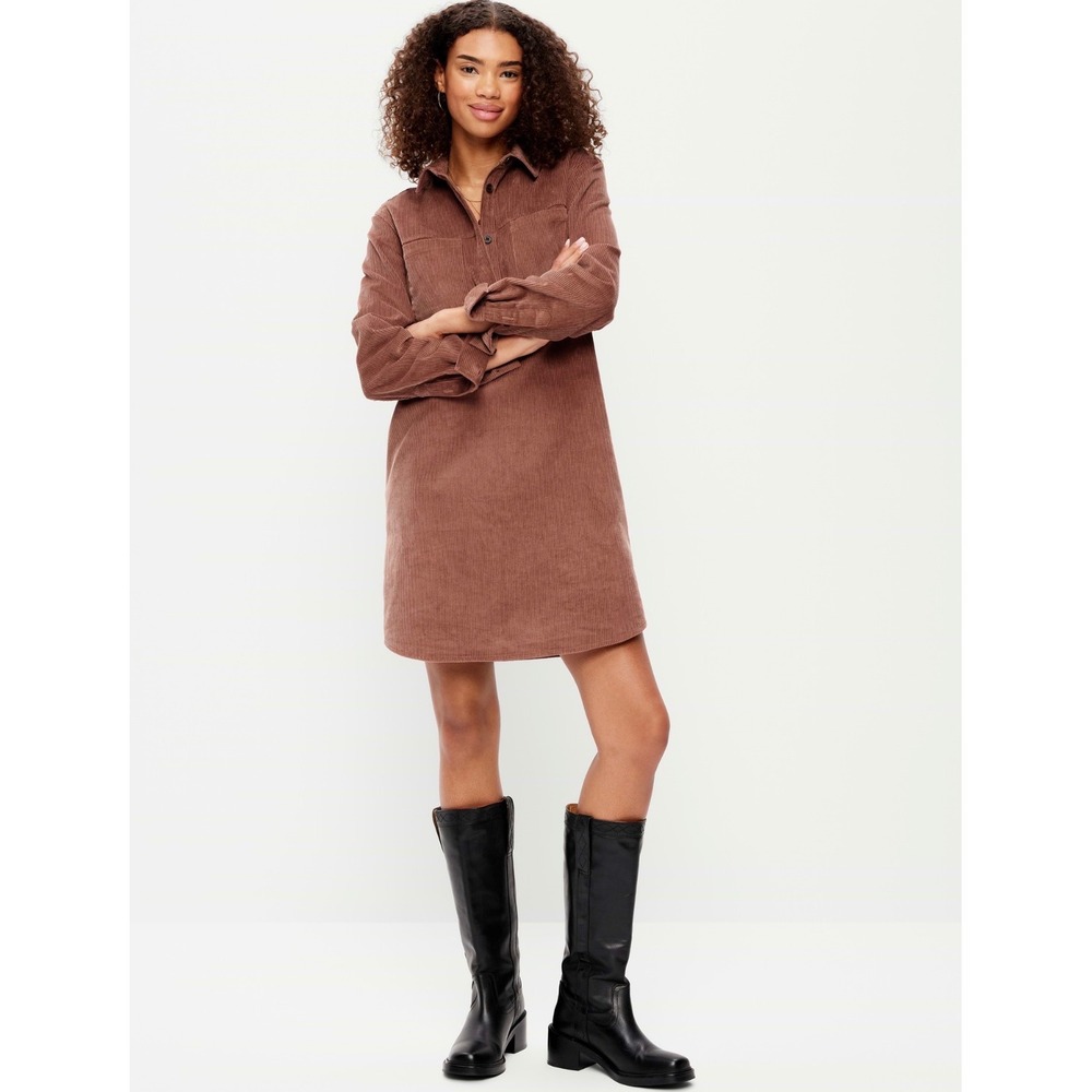 Old Navy Womens XL Corduroy Long Sleeve Button Down Mini Shirt Dress Brown